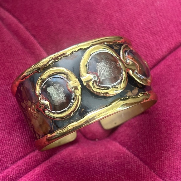Artisan Brass & Copper Cuff Bracelet – Tribal Brutalist Design with Glass Inlays - Picture 1 of 8